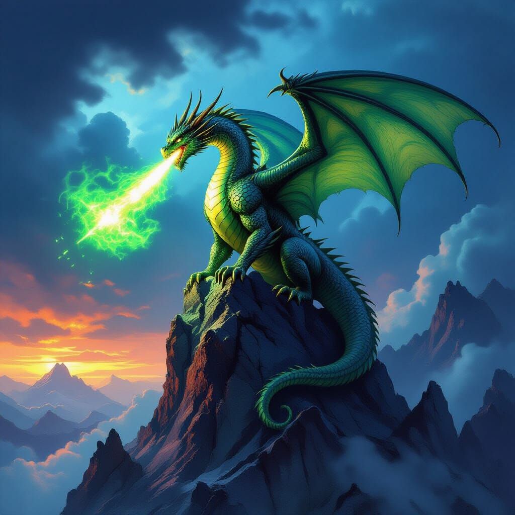 Epic Dragon Exhales Emerald Fire on Obsidian Peak