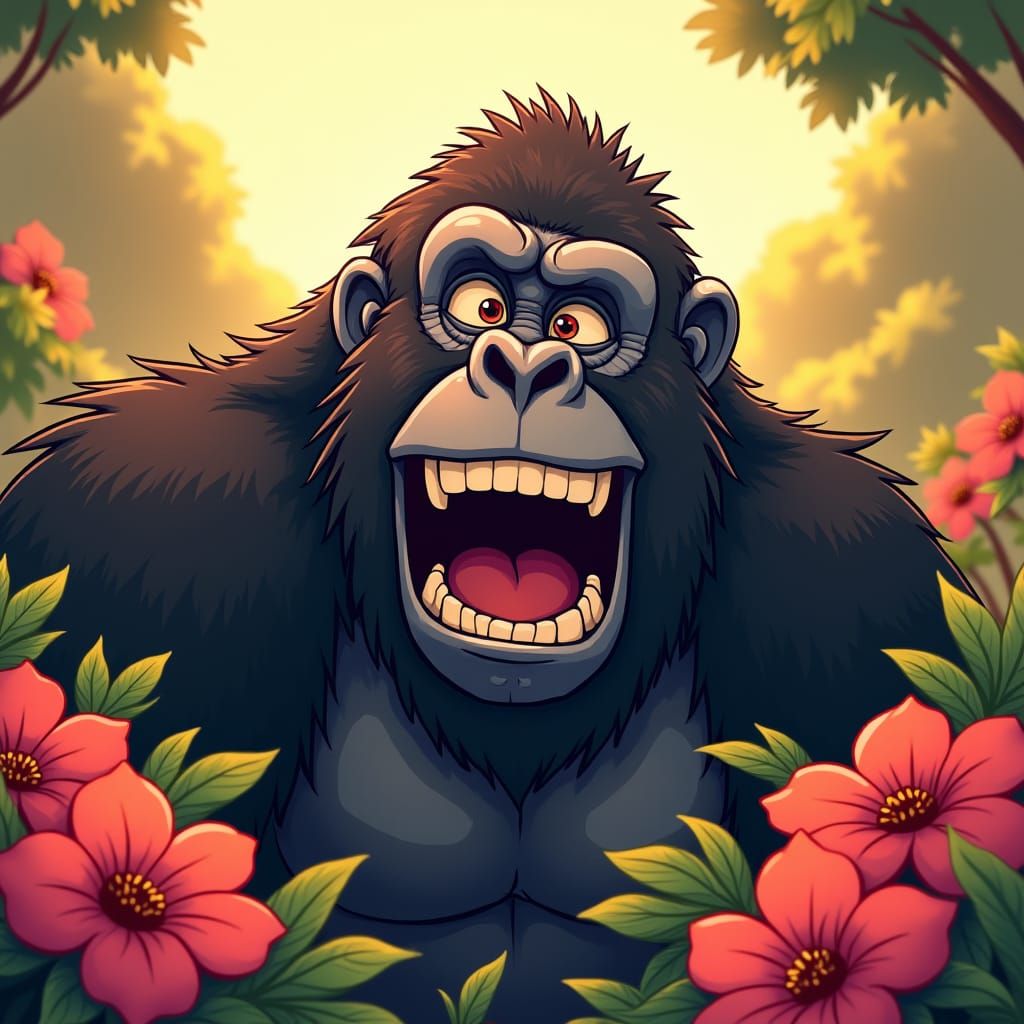 Joyful Gorilla in Anime Style with Flowers