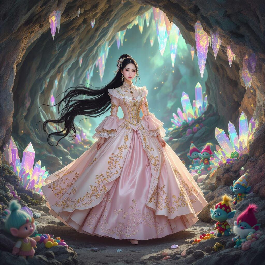 Rococo Woman with Trolls in Crystalline Cave