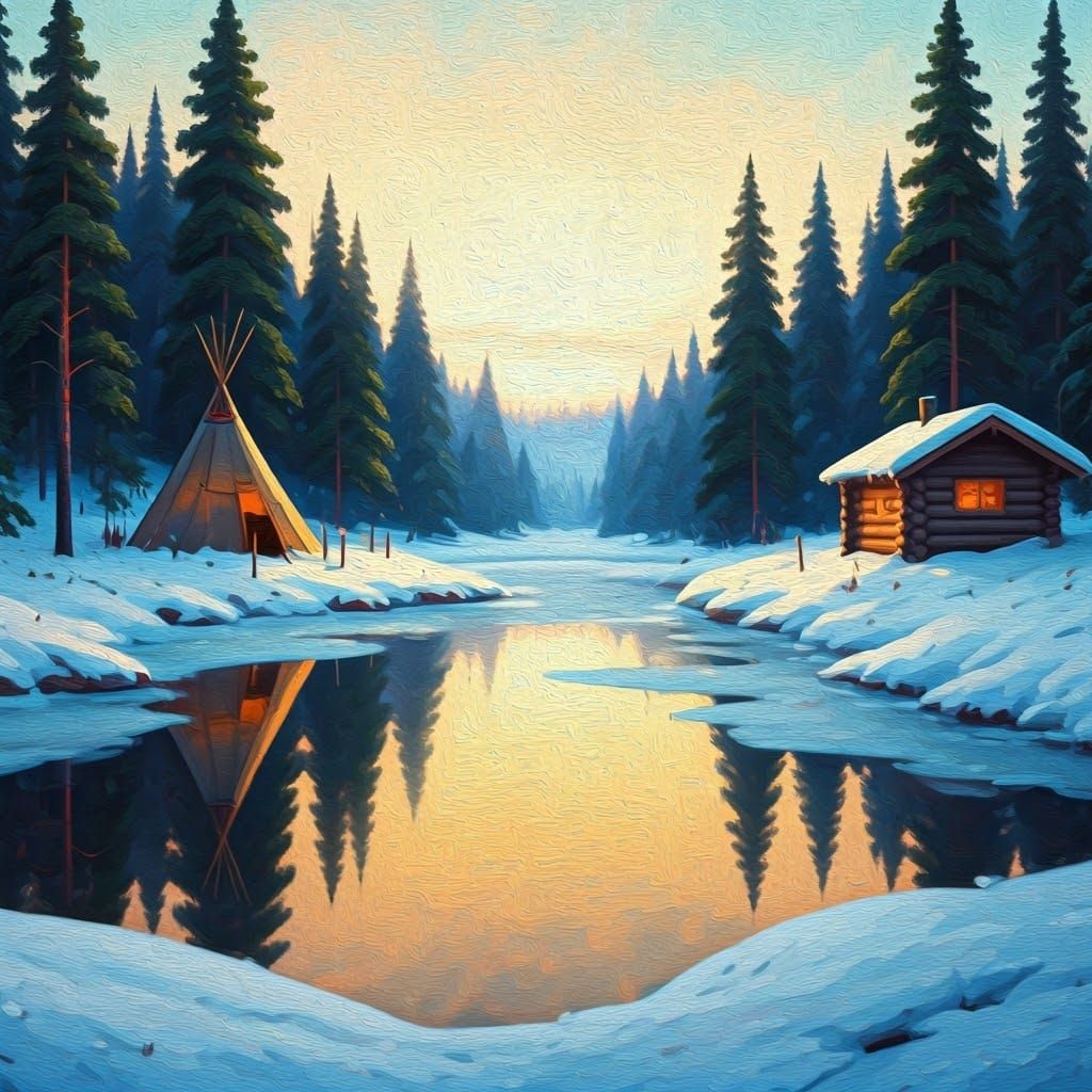 Frozen Lake: Impressionistic Winter Cabin Retreat