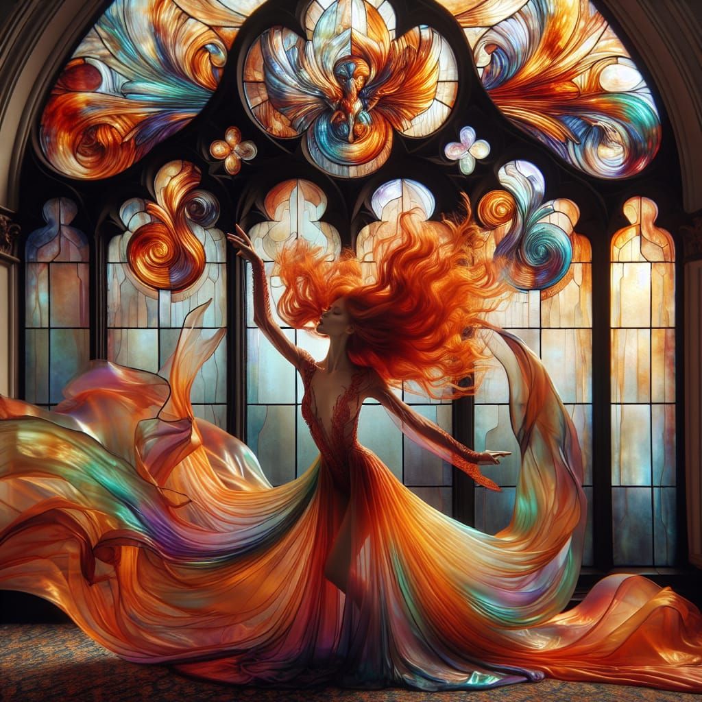 Red-Haired Woman Dancing in Prismatic Dress