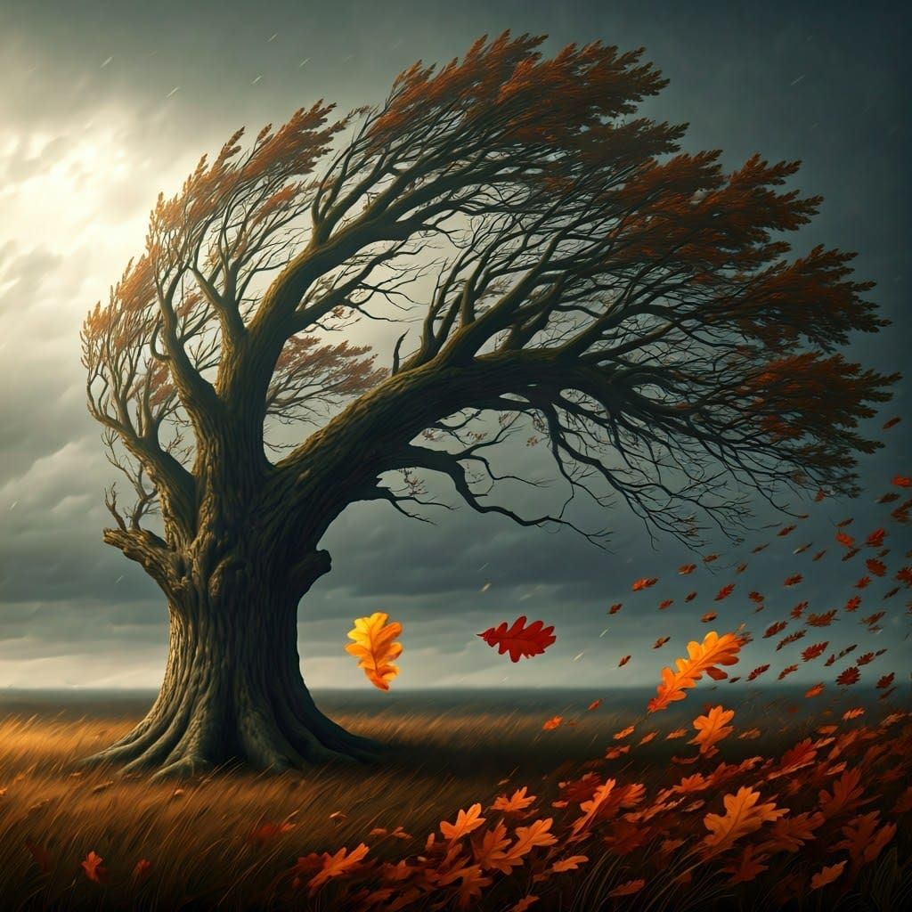 Tempestuous Oak Tree Bending in Ominous Wind