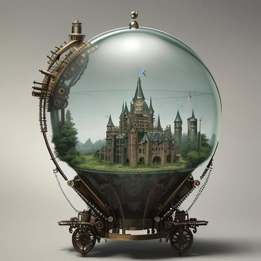 Steampunk Machine with Glass Balloon and Castle