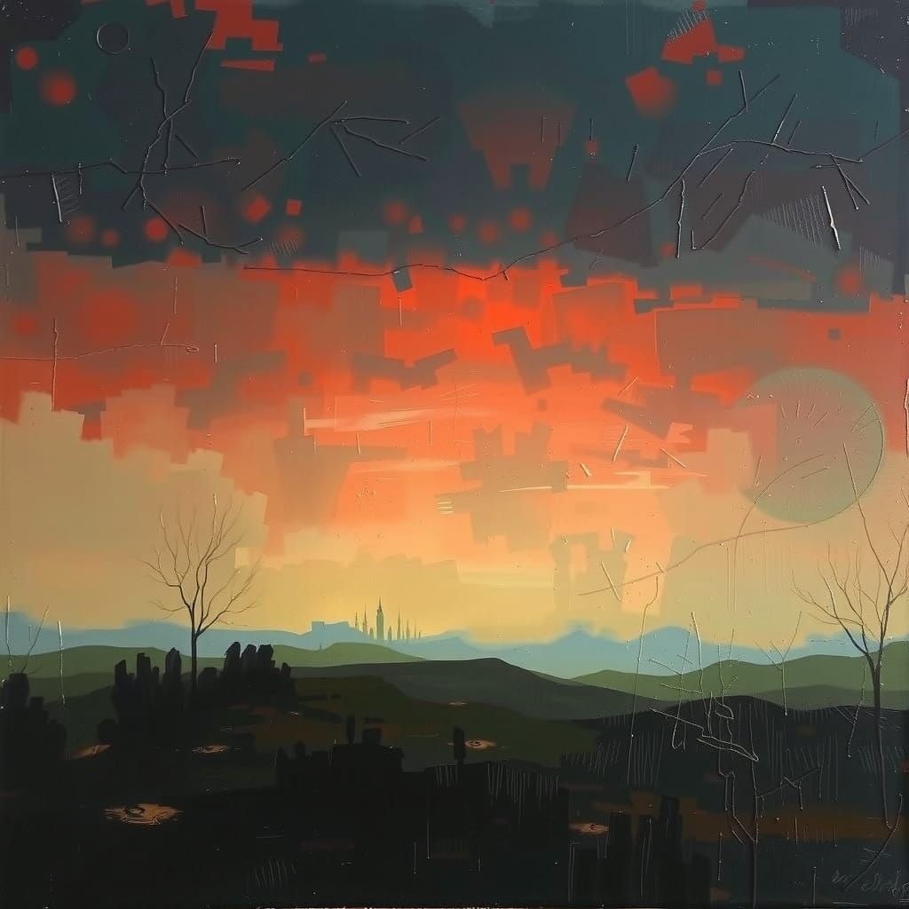 Melancholic Foggy Landscape Under Bruised Twilight Sky