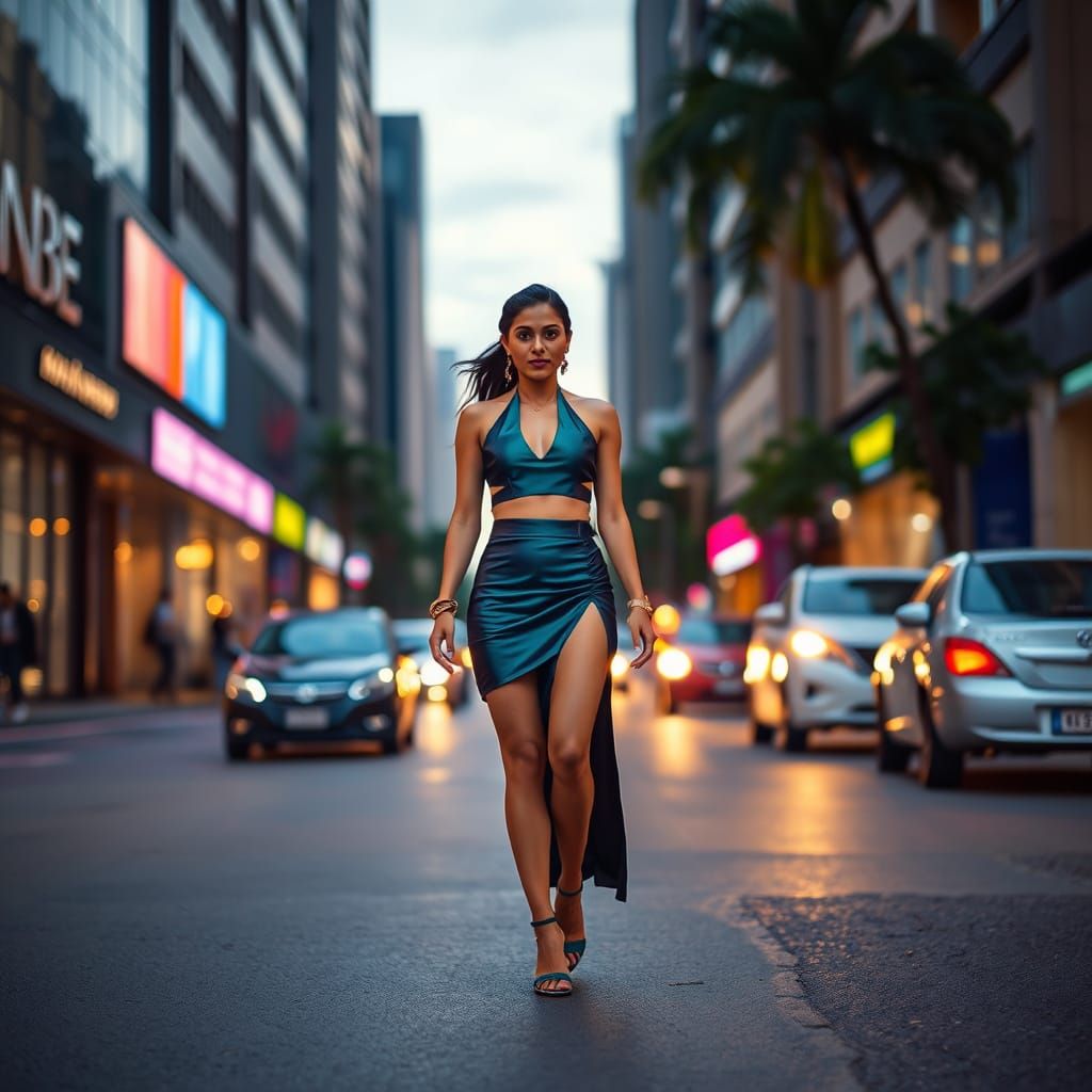Indian Woman's Vibrant City Walk at Dusk