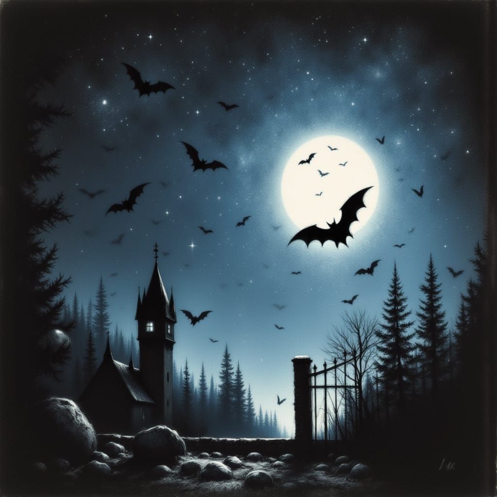 Bats Silhouetted on Starry Night in Charcoal Style
