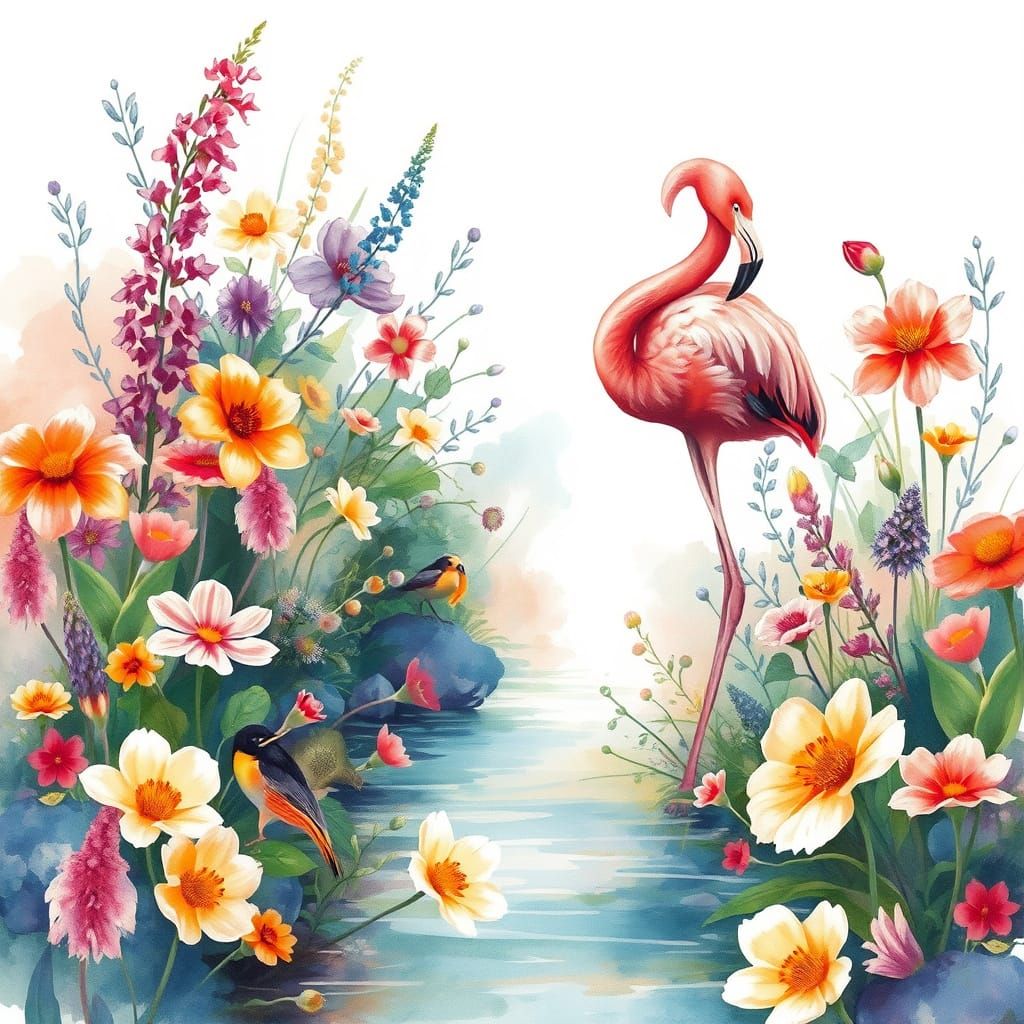 Exotic Alien Garden Explored by a Charming Flamingo in Water...