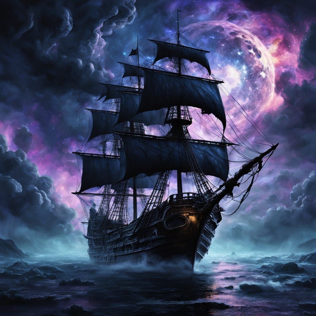 Spectral Pirate Ship Sails Nebula: Dark Fantasy Art
