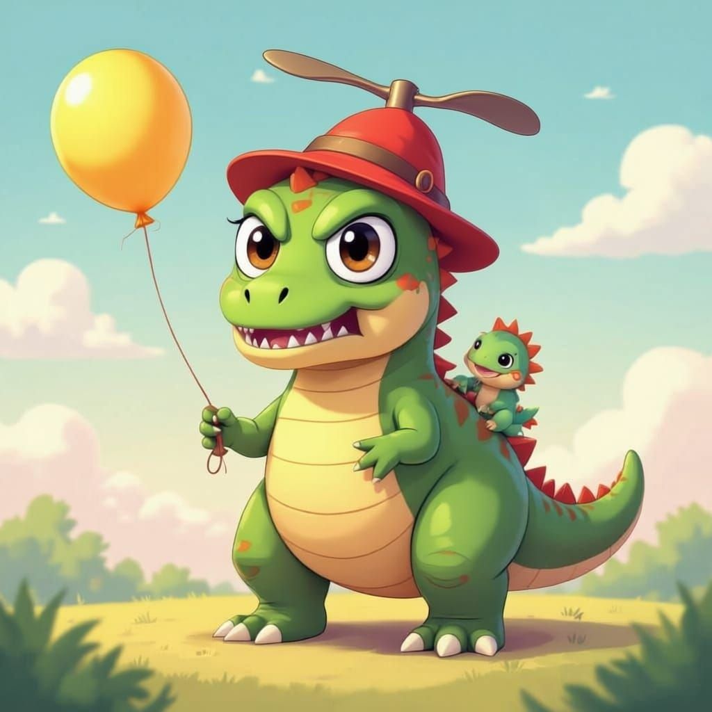 Annoyed Chibi Dinosaur with Propeller Hat and Baby Dinosaurs