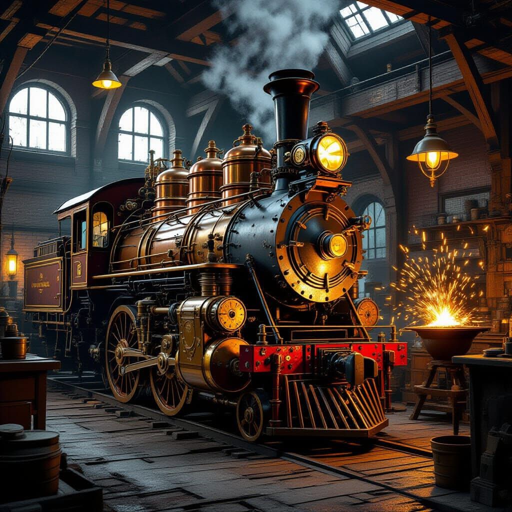 Steampunk Engine in Detailed Workshop Oil Painting