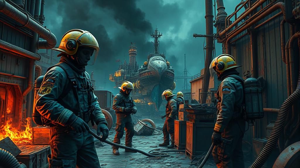 Alien Firefighters Battle Blaze in Industrial Harbor