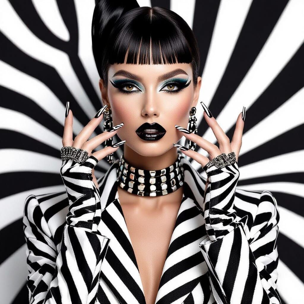 Zebra-Inspired Fashion Model Portrait in Splash Art Style
