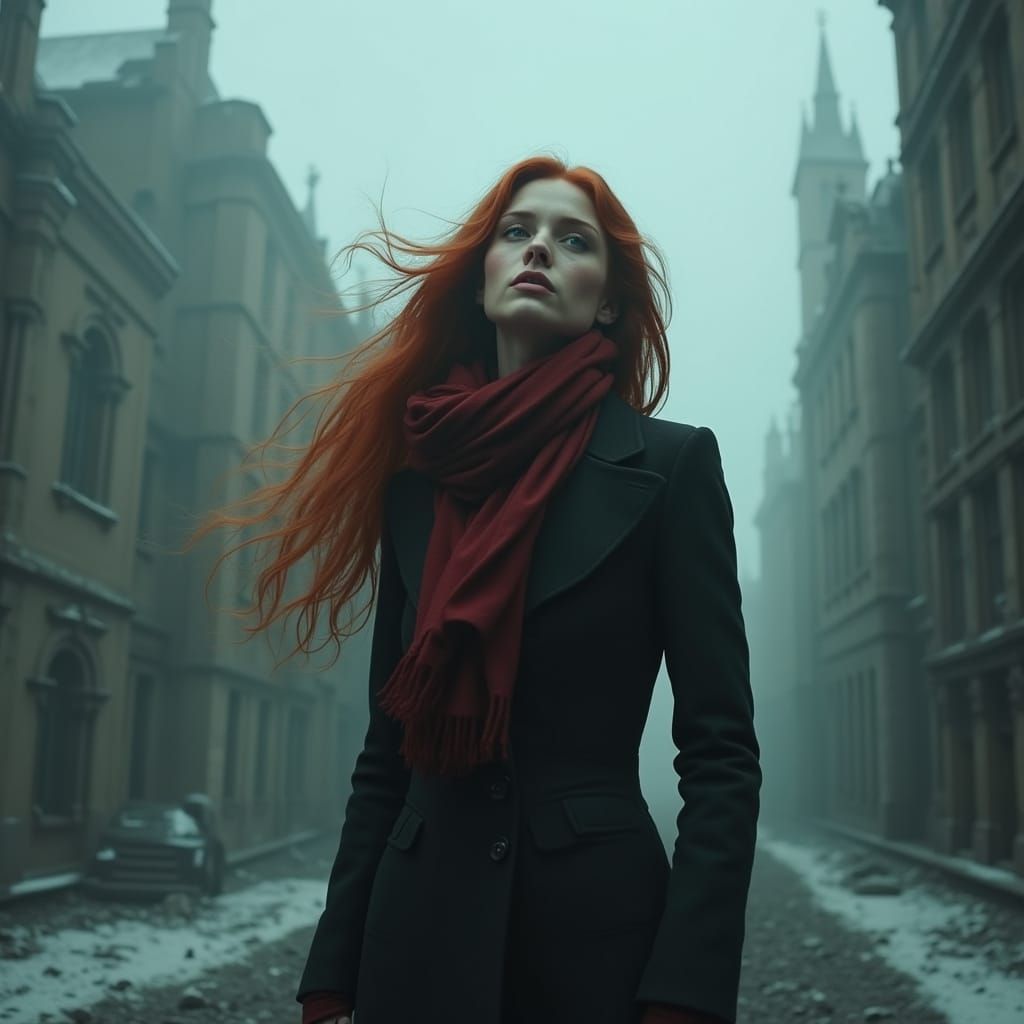 Red Haired Woman Frozen in Terror Amidst Gothic Cityscape