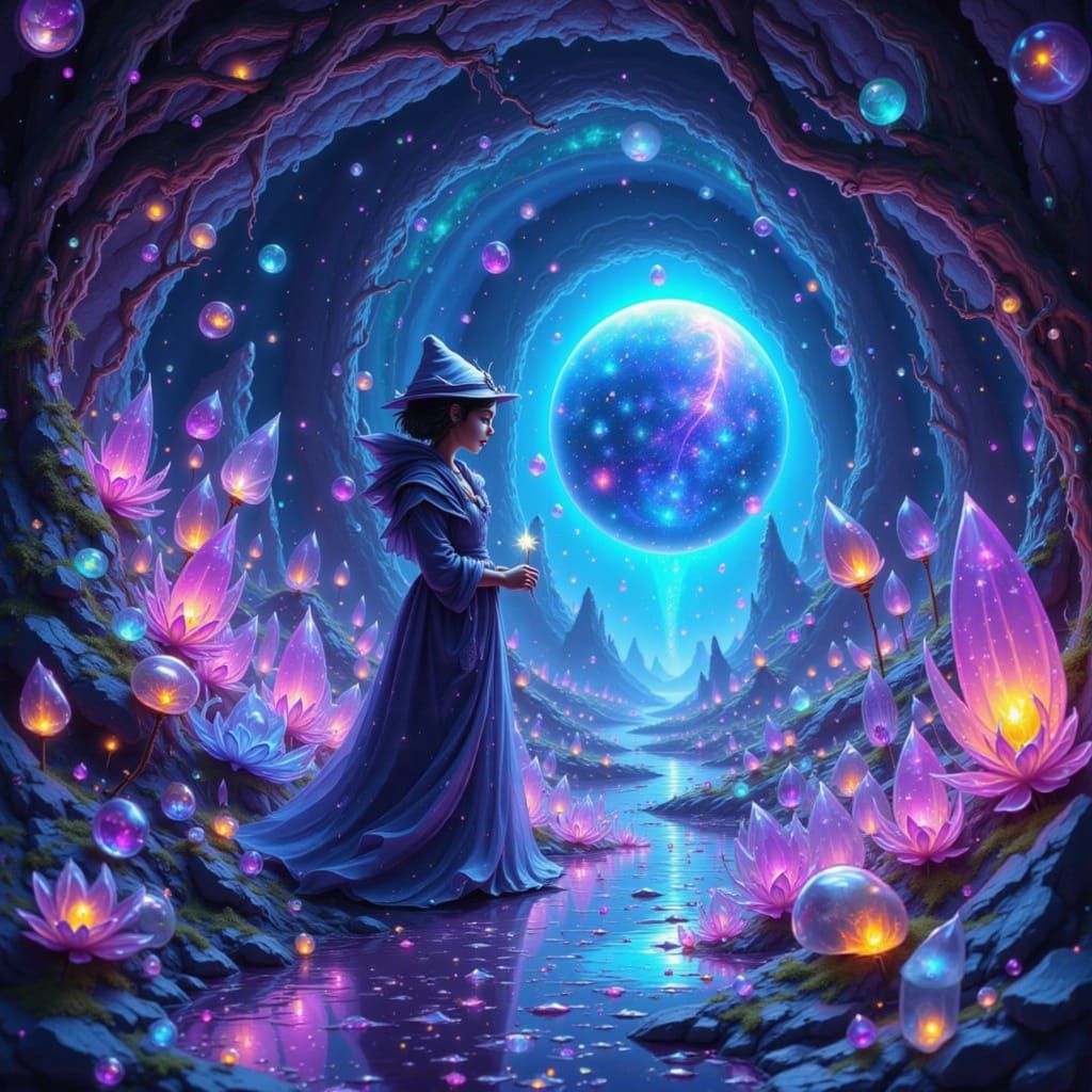 Ethereal Crystal Cavern Adventure in Neon Ink Splatter Style