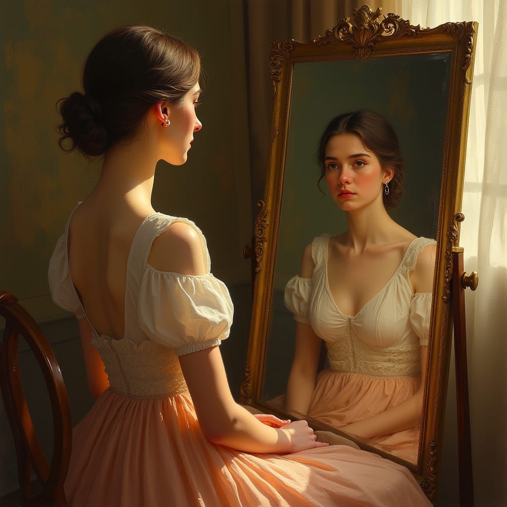 Woman Sees Older Reflection in Mirror with Sorrow