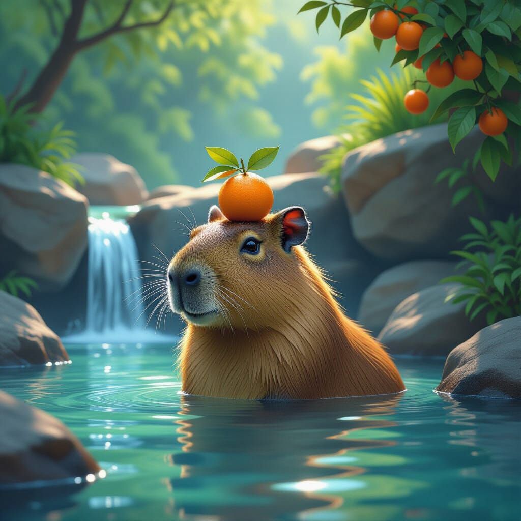 Capybara with Orange in Lush Pool, Digital Art