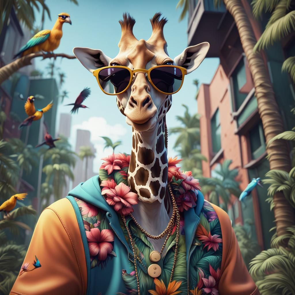 Hip Hop Giraffe in Tropical Setting, Digital Art