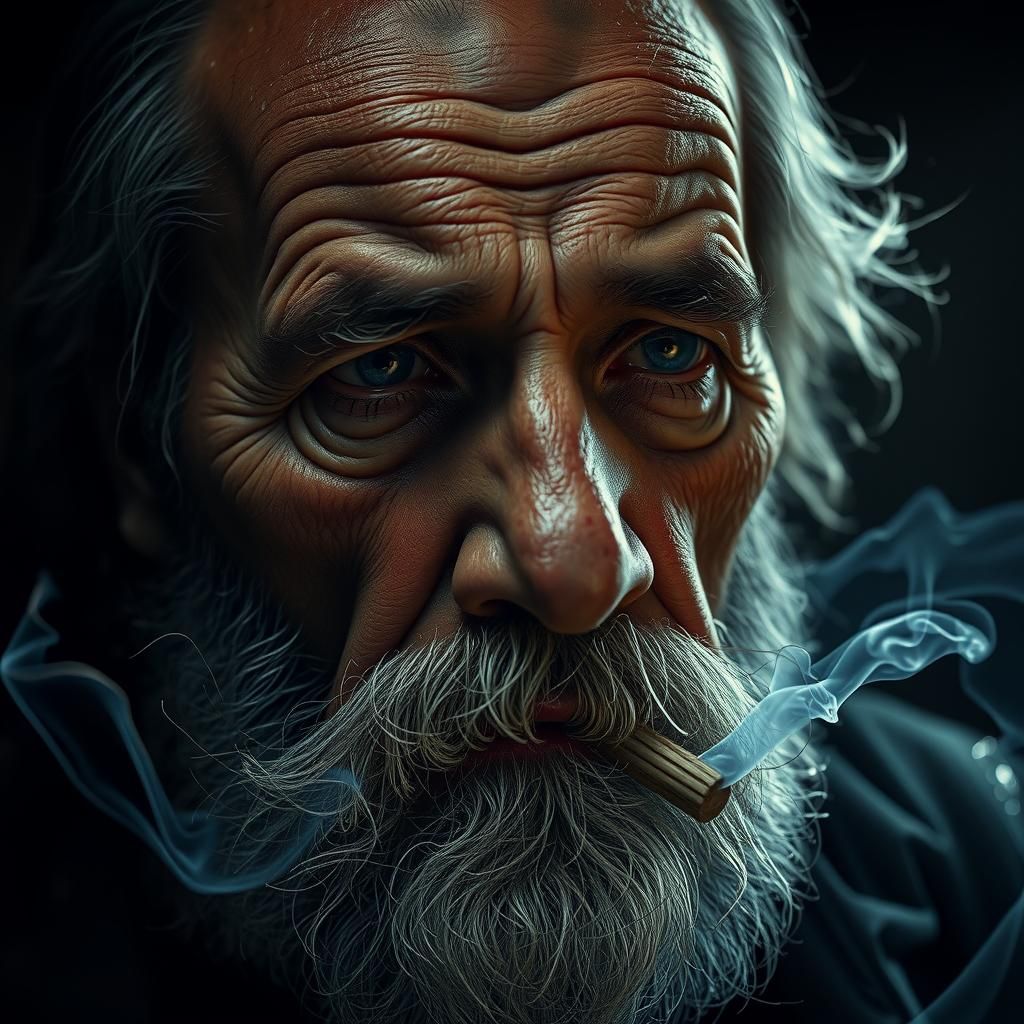 Ethereal Smoke Surrounds a Weathered Old Man