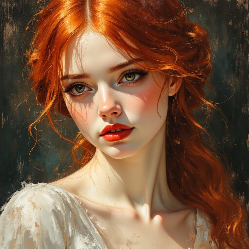 Elegant Red Haired Goddess in Oil Painting Style