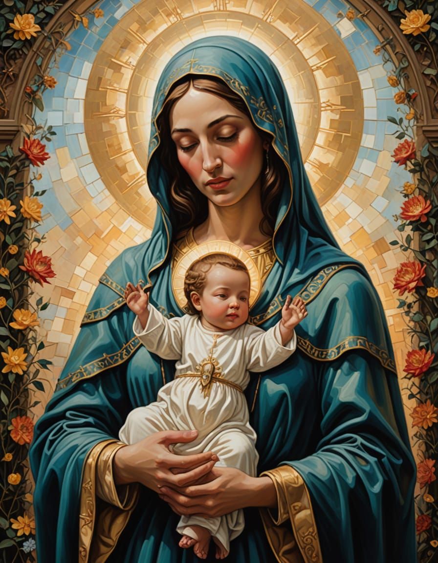 Surrealist Mother Mary Portrait in Golden Light