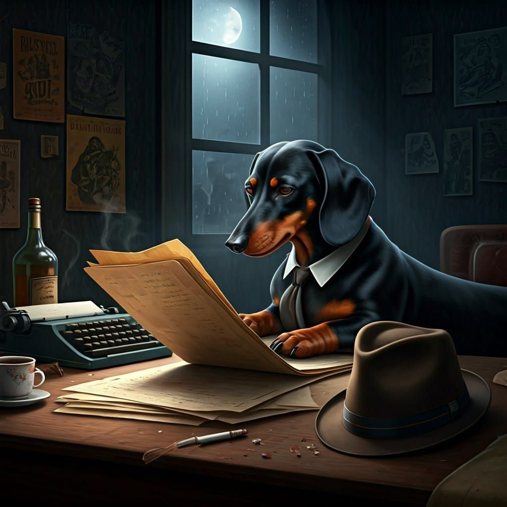Noir Detective Dachshund Investigates in a Gritty, Film Noir...