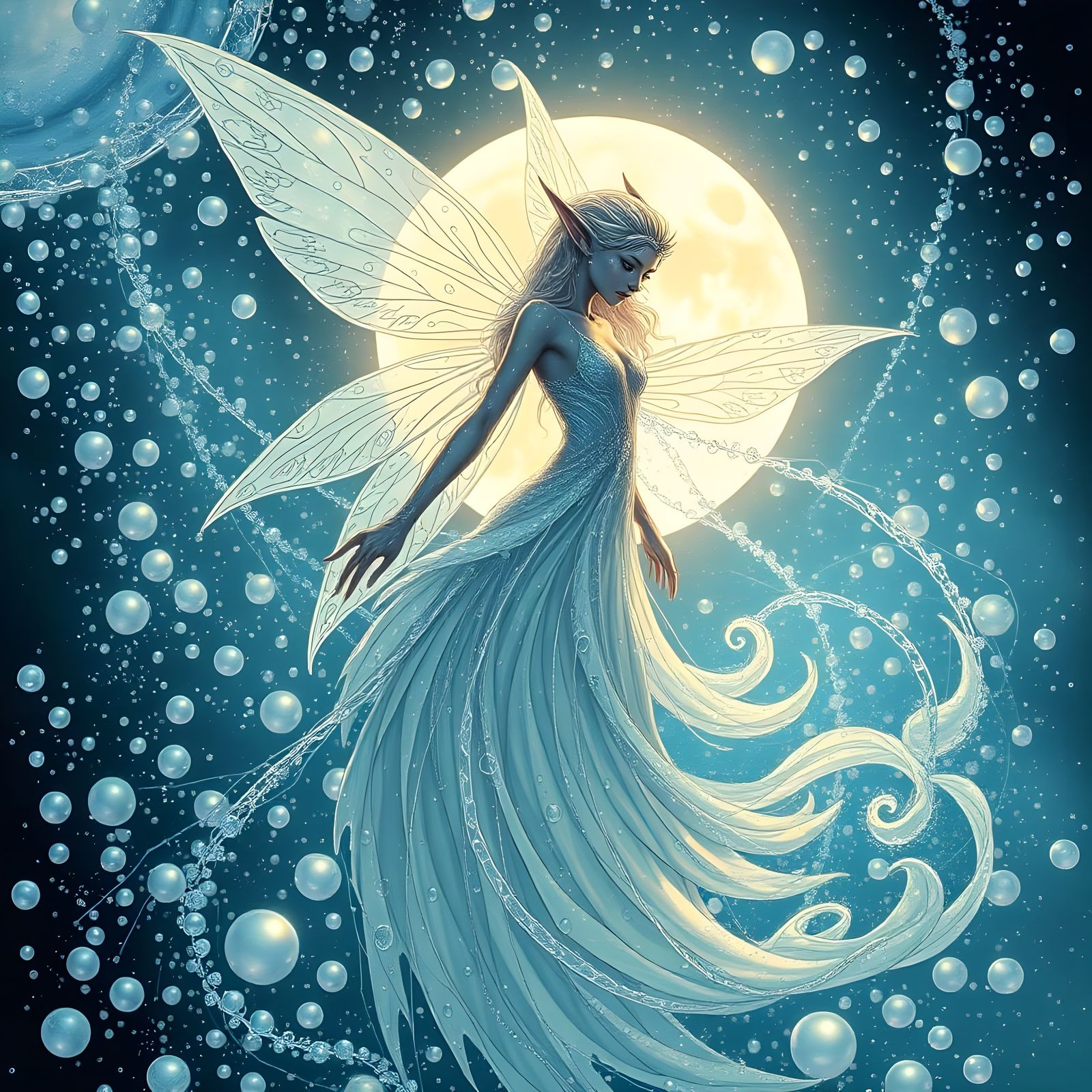 Ethereal Fairy Elf Emerges from Pearlescent Cascade