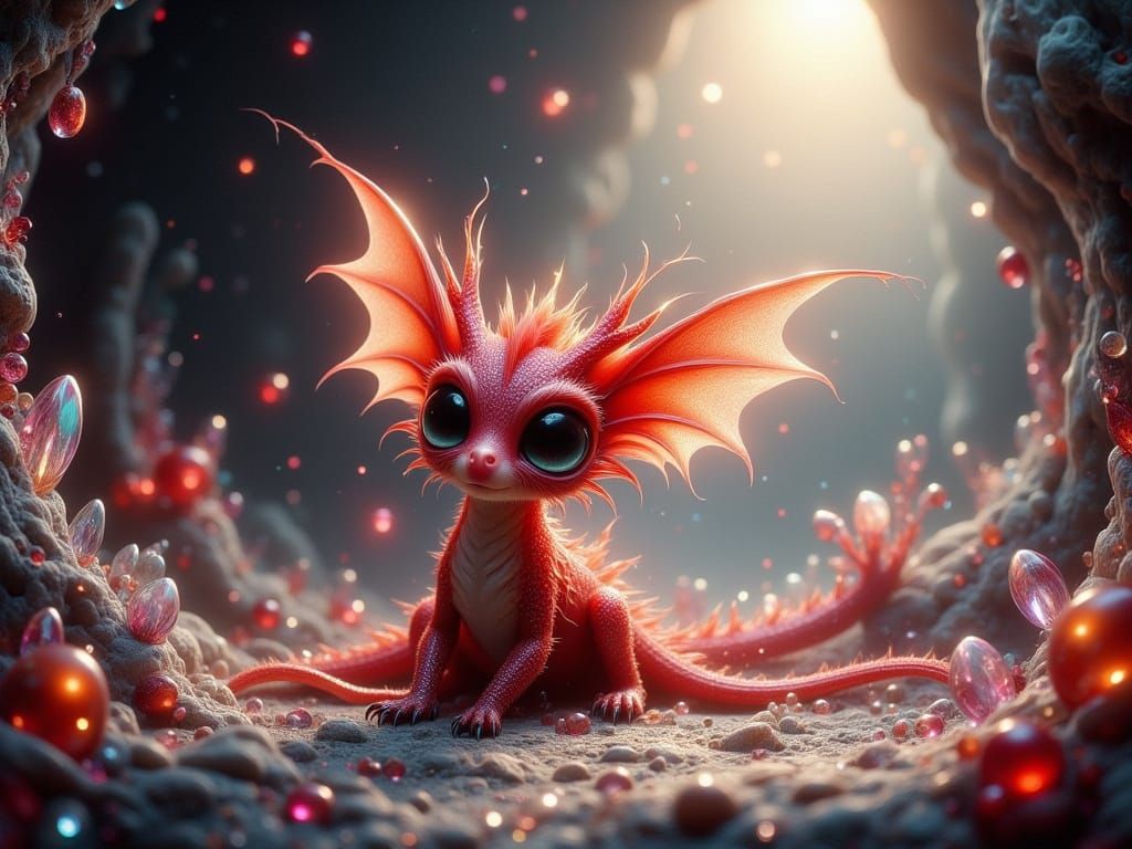 Whimsical Red Dragon in Mystical Cave with Iridescent Scales