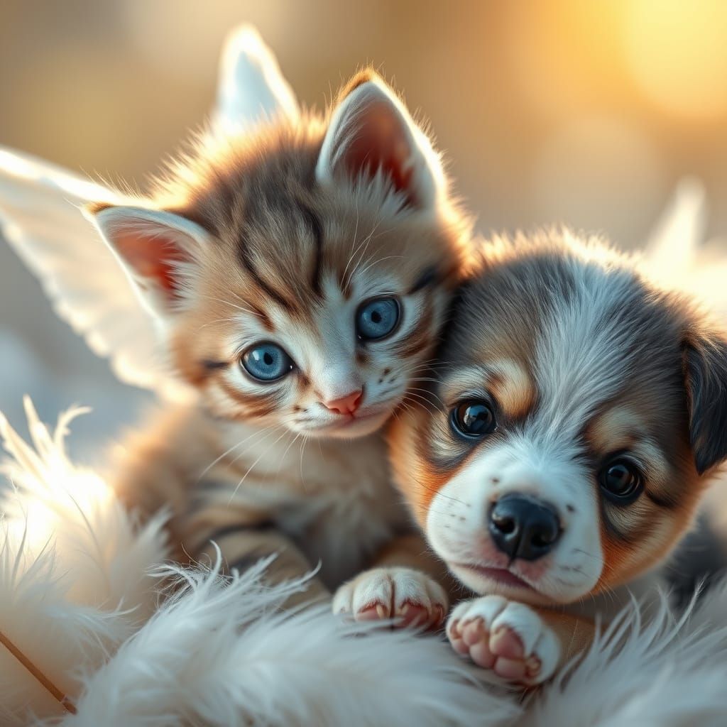 Whimsical Angelic Felines and Canines in Watercolor Style