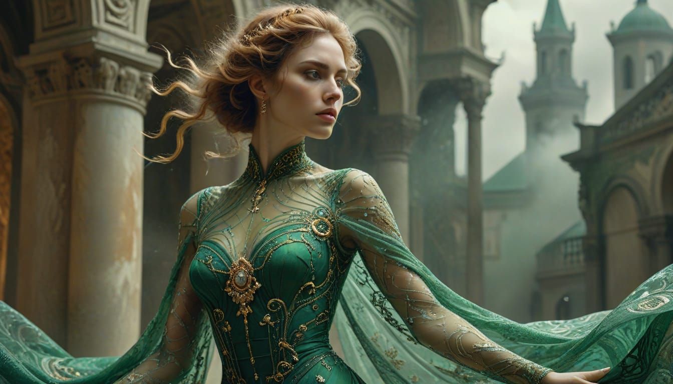 Glamorous Woman in Surreal Escher-esque Architecture