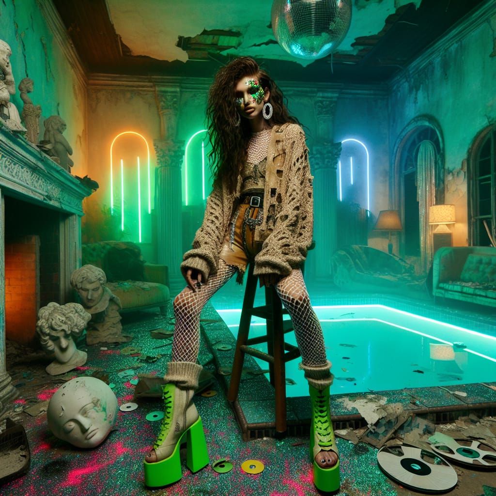 Neon Haze: Edgy Fashion in Hyperpop Mansion