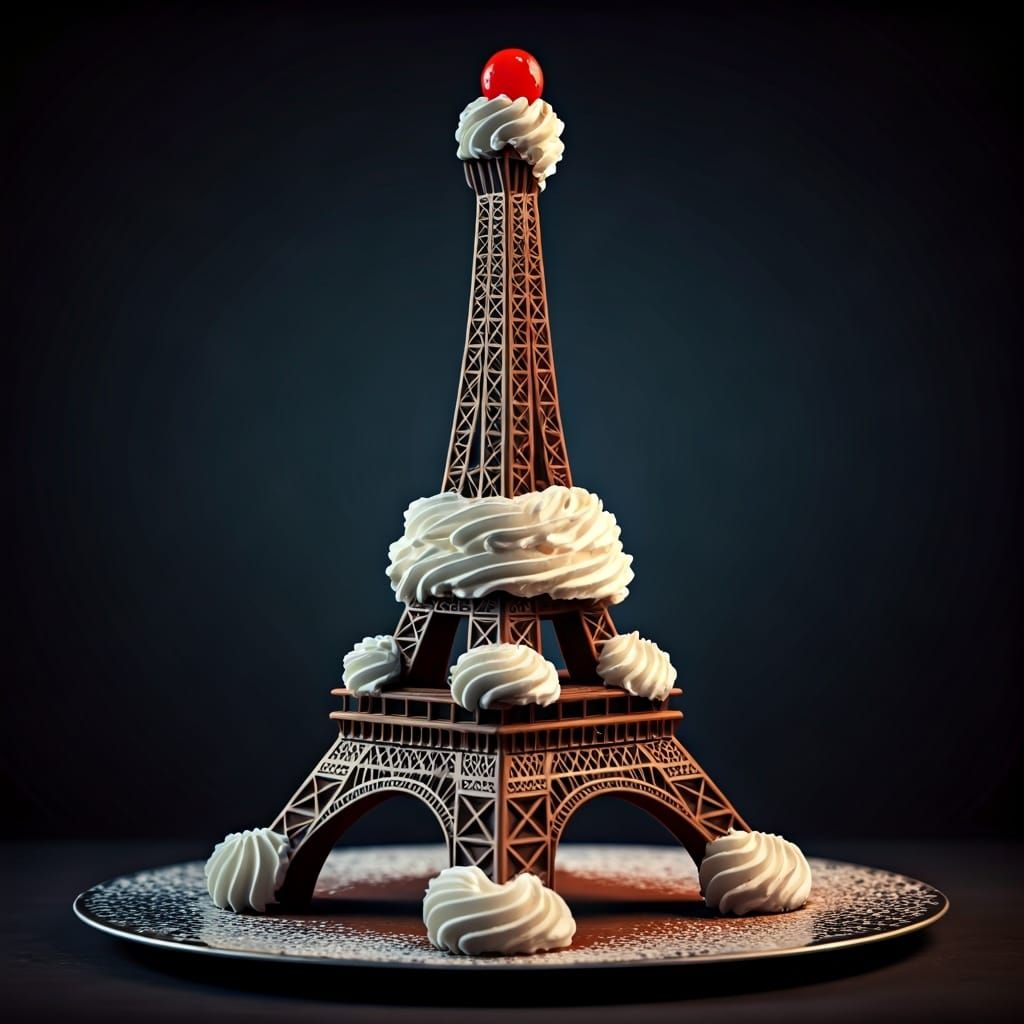 Chocolate Eiffel Tower with Whipped Cream: Cinematic Food Ar...