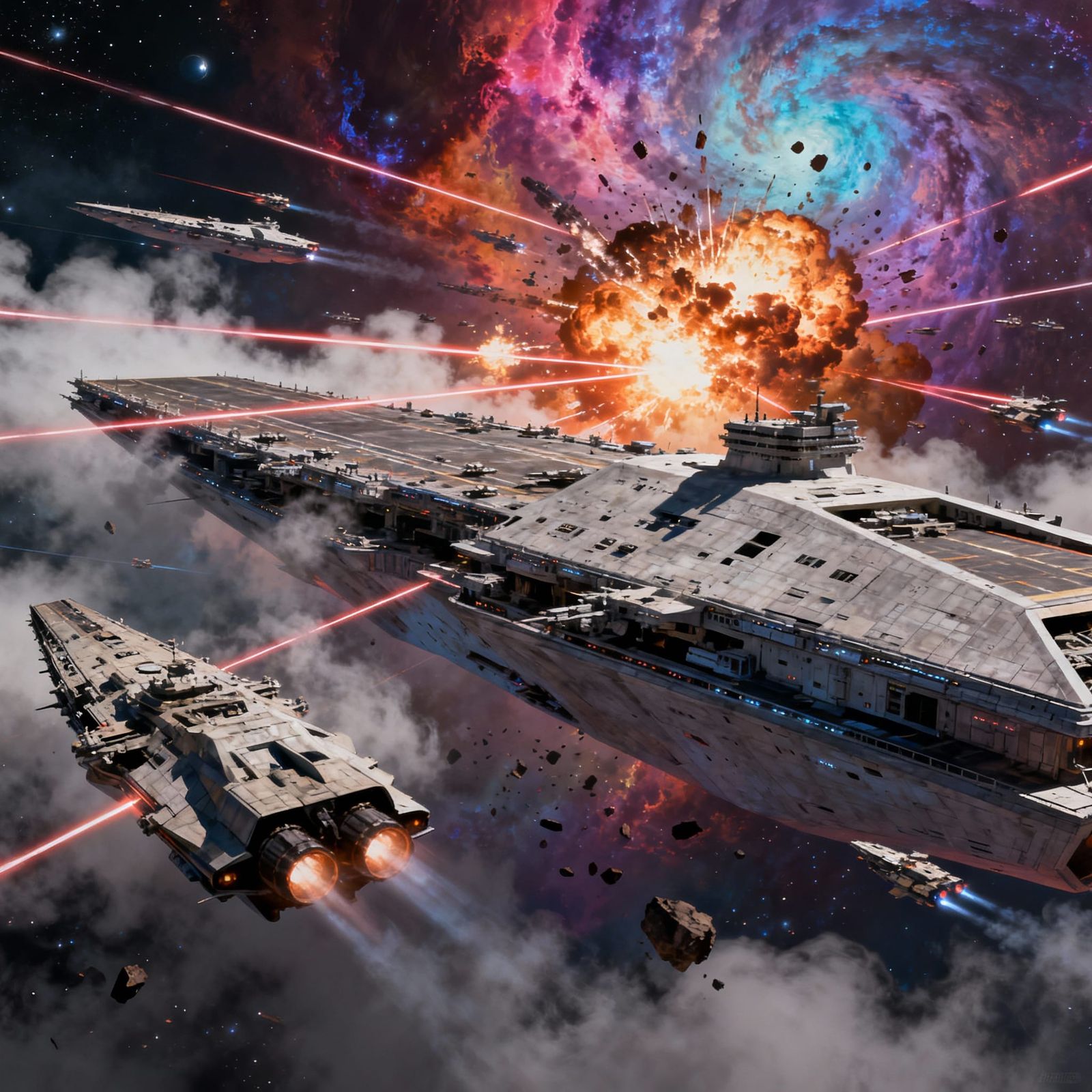 Epic Space Battle with Vivid Nebulae and Detailed Starships