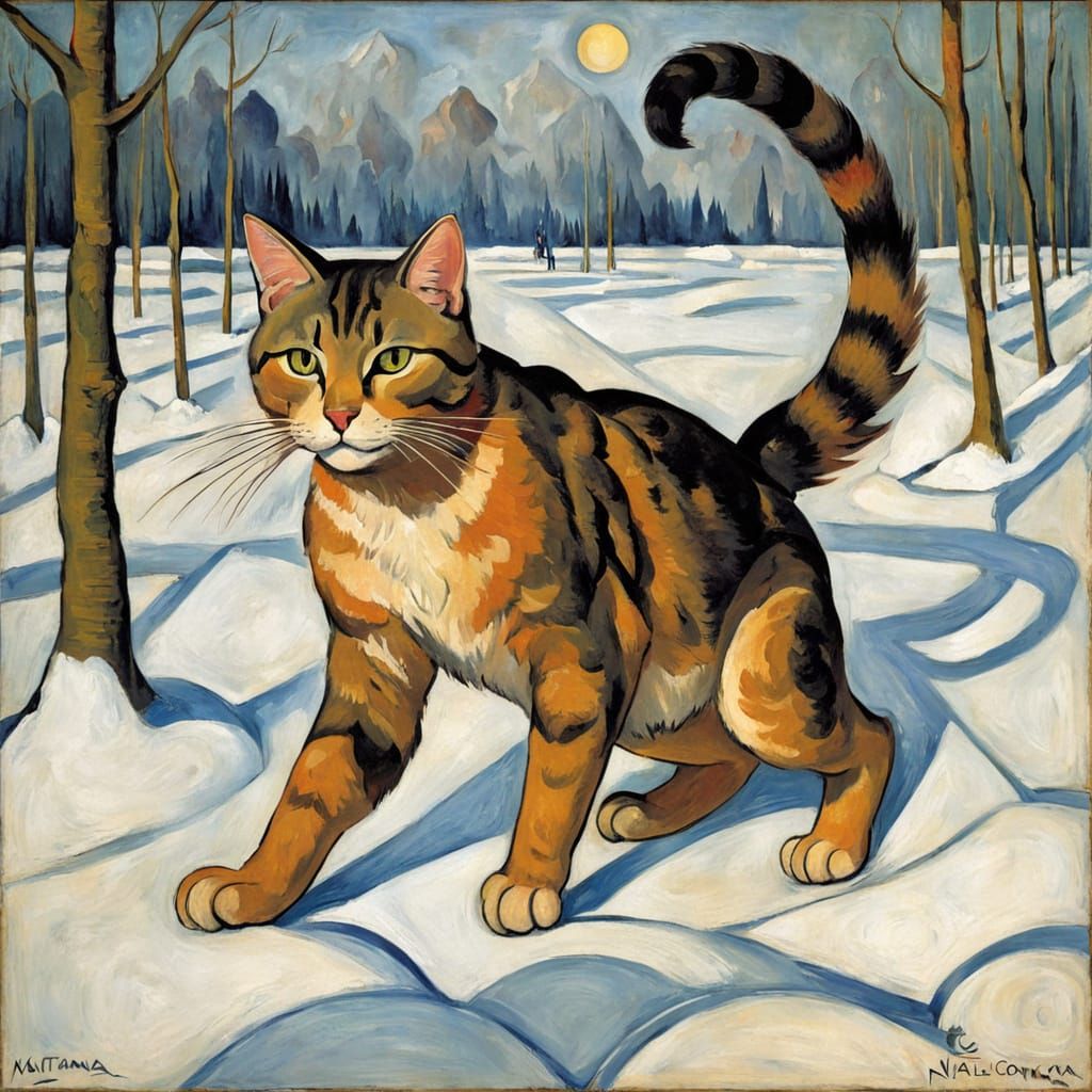 Cat on Ice in Cubist Style of Cezanne and Goncharova