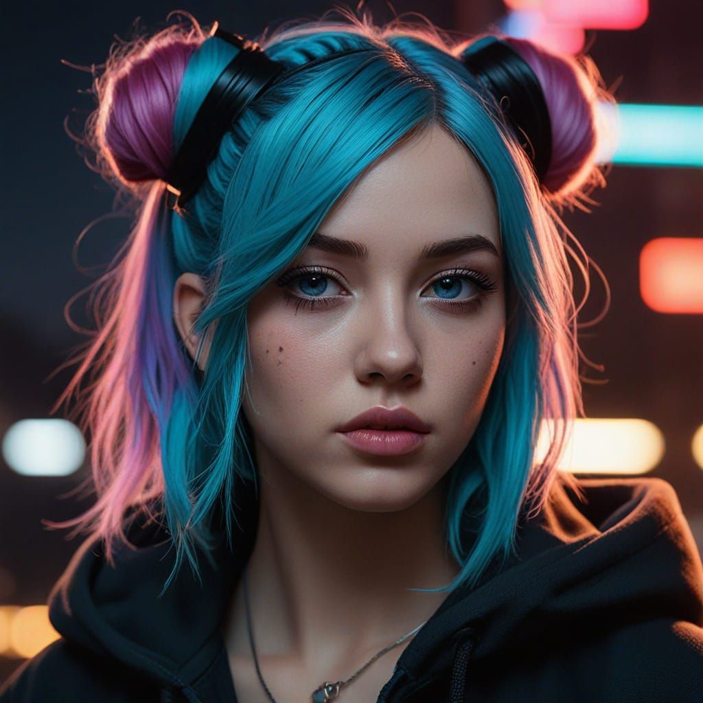 Futuristic Noir Rogue Woman with Vibrant Hair and Dark Attir...