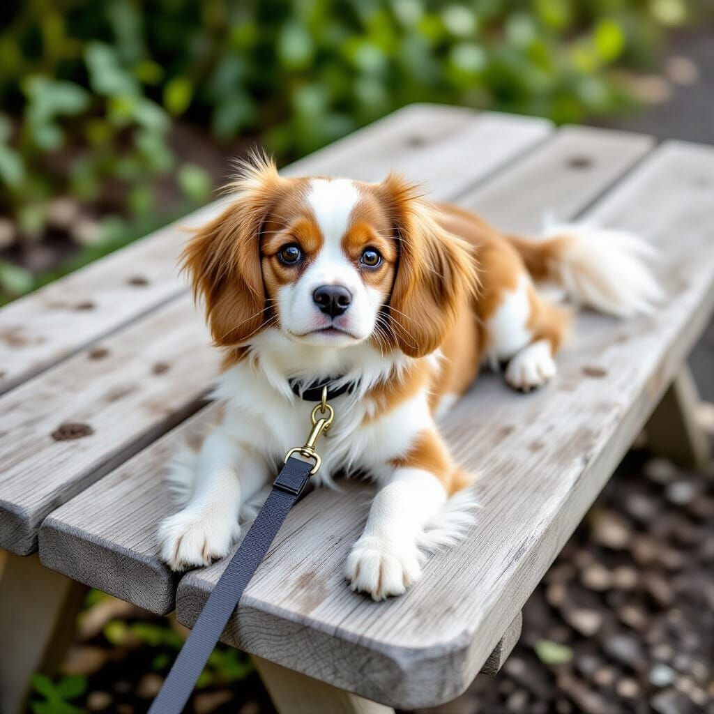 Calm Cavalier King Charles Spaniel on Picnic Table