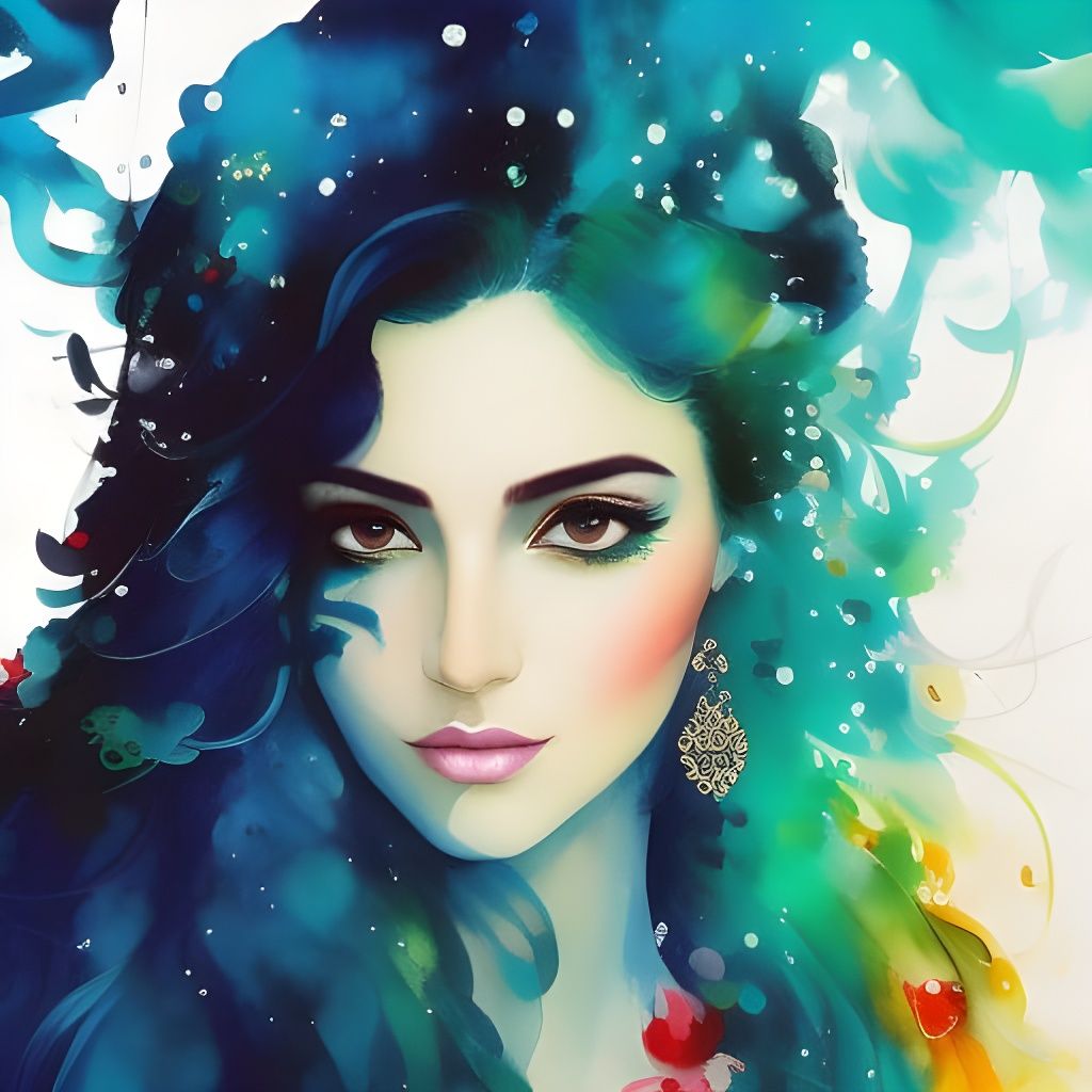 Beautiful Kurdish Girl with Iranian Flag in Gouache