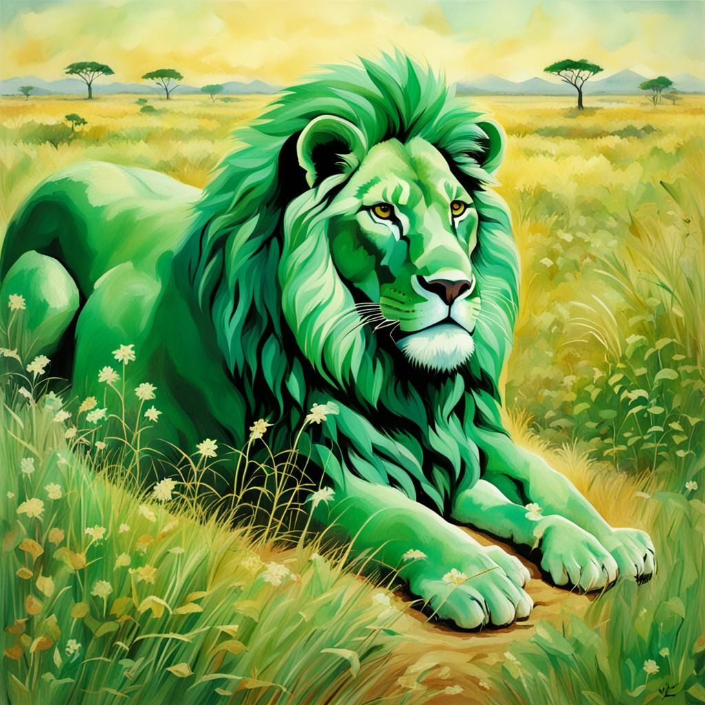 Jade Lion Roaming African Savannah