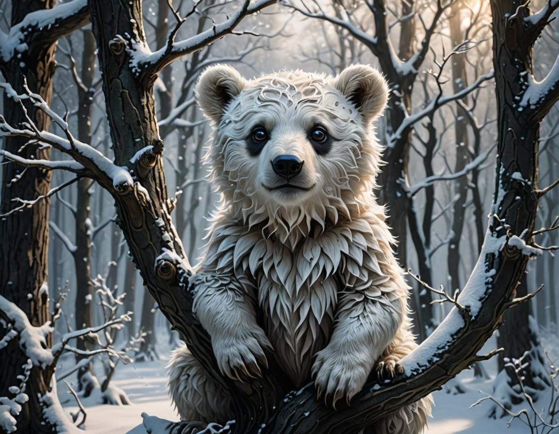 Eerie Enchanted Bear Cub in Snow Forest