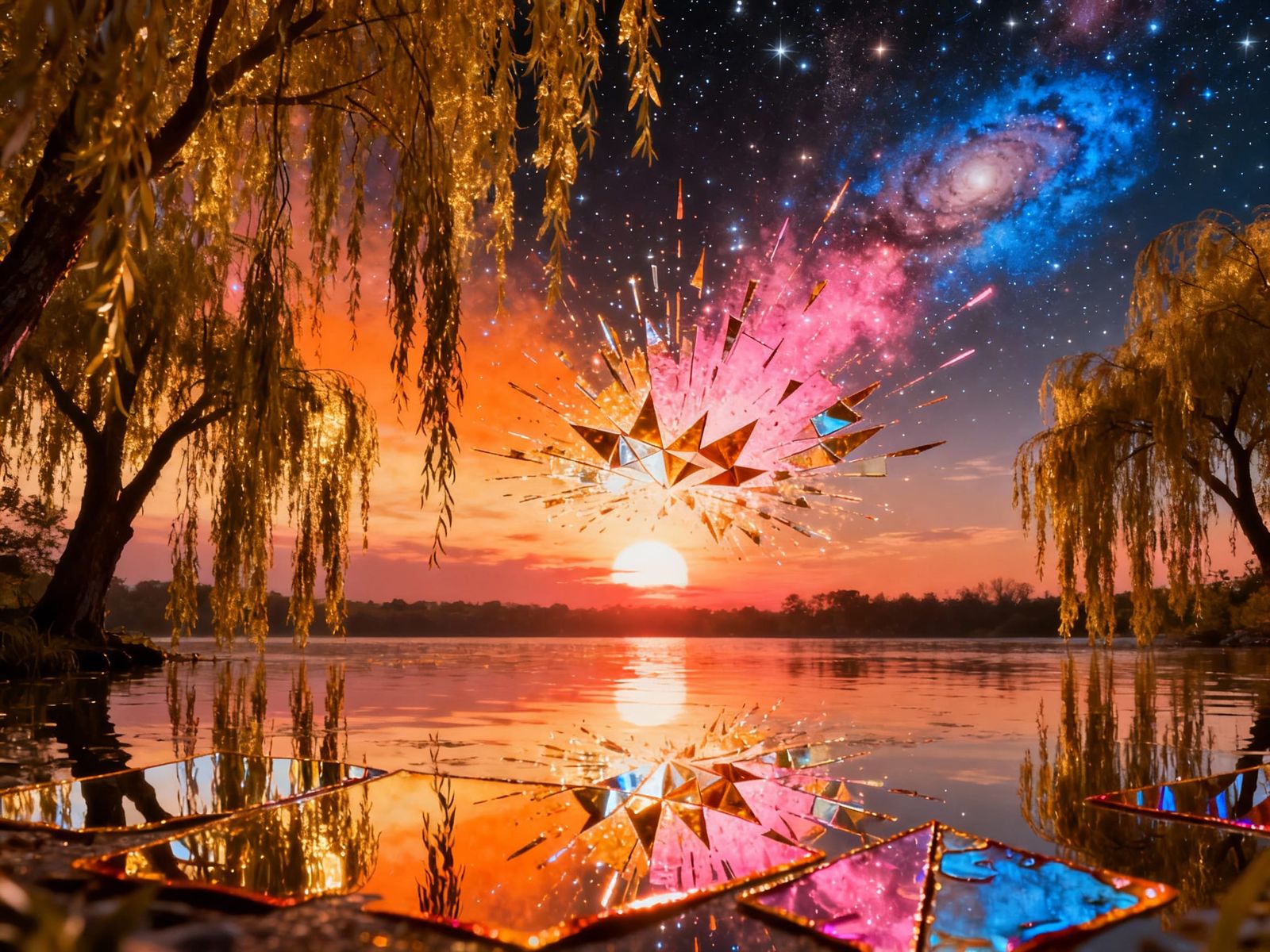Cosmic Sunset with Weeping Willow Reflections