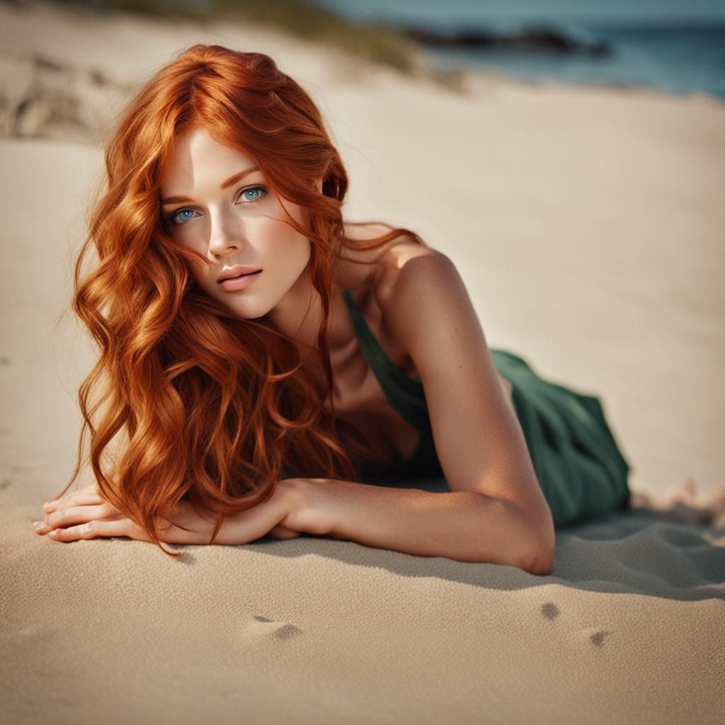 Sensual Redhead on Beach with Opulent Chest
