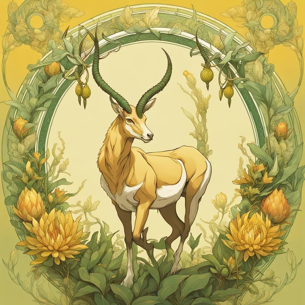 Springbok Leaping Among Protea Flowers in Art Nouveau Style