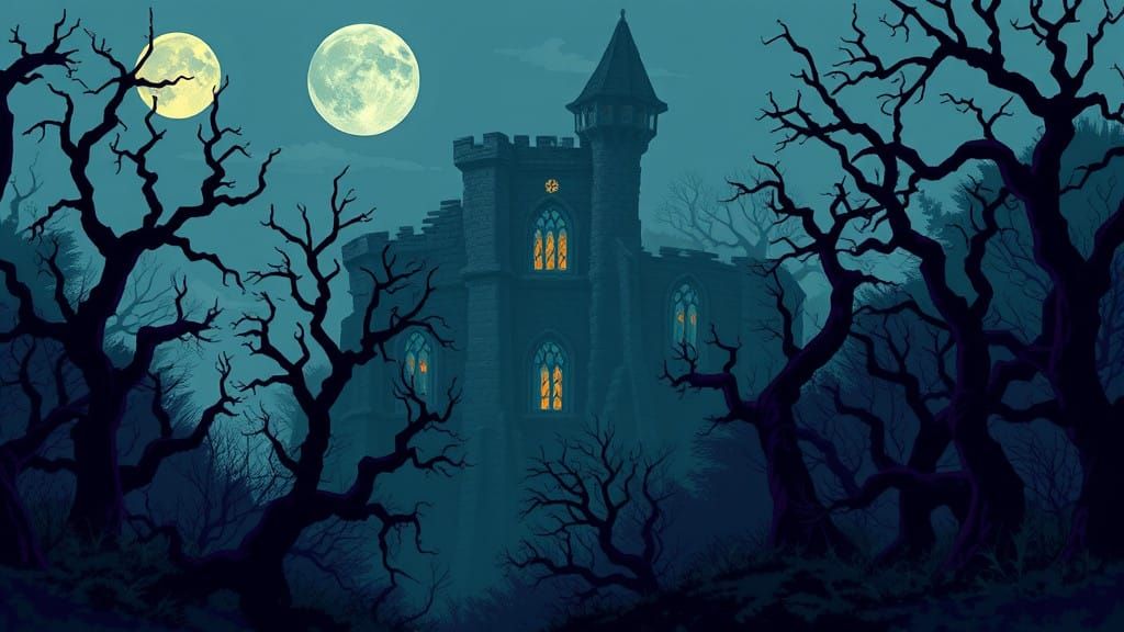 Moonlit 16-bit Haunted Forest with Crumbling Castle