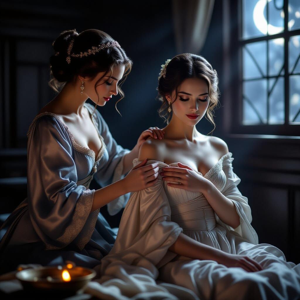 Intimate Moment: Handmaiden Assists Lady in Moonlit Chamber
