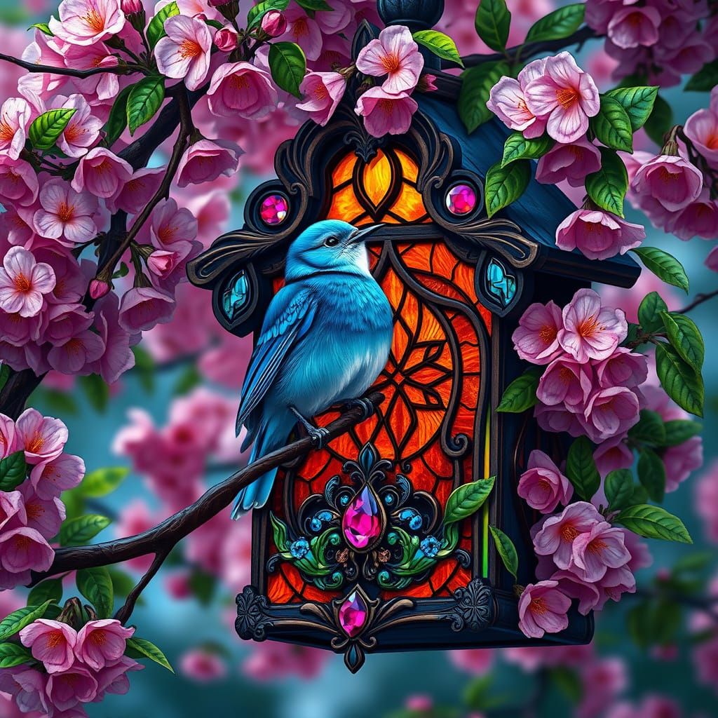 Bluebird in Cherry Tree with Ornate Birdhouse