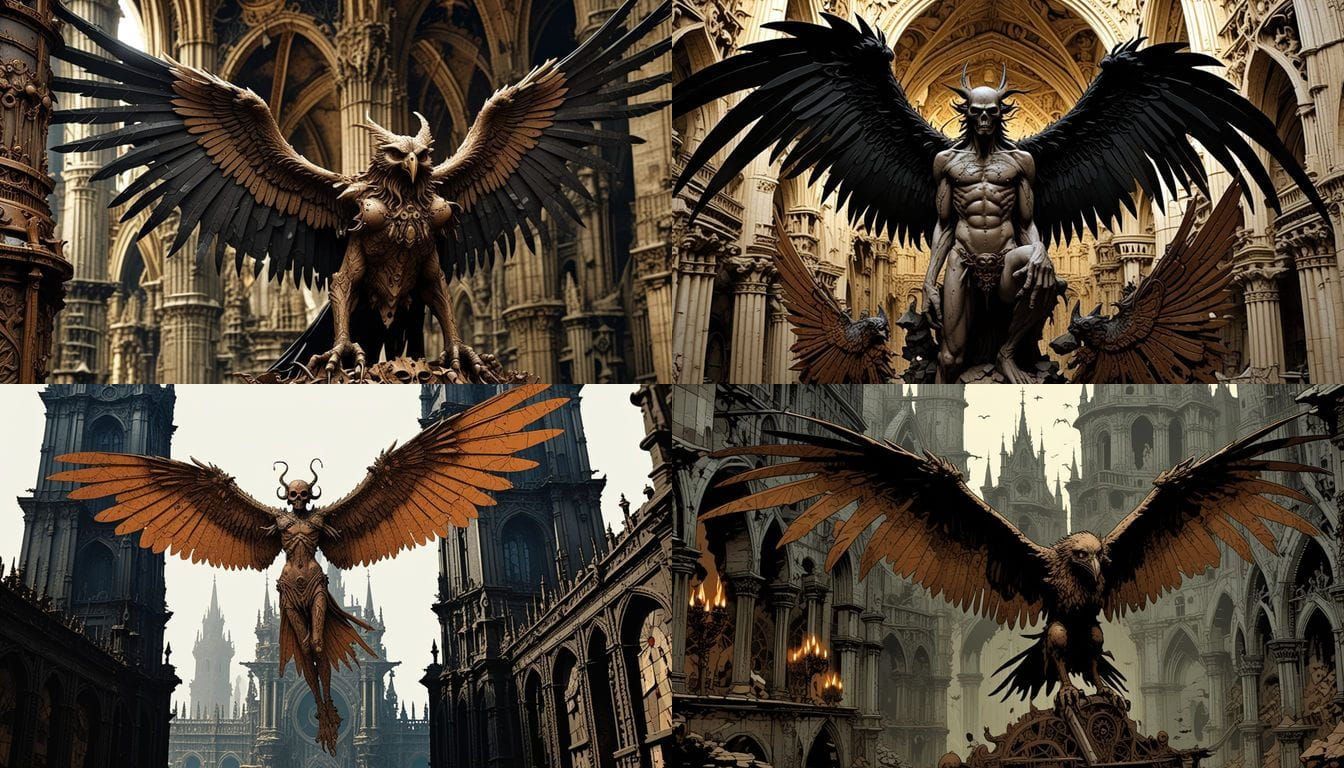 Clockwork Harpy Descends Upon Ruined Cathedral in Dark Medie...