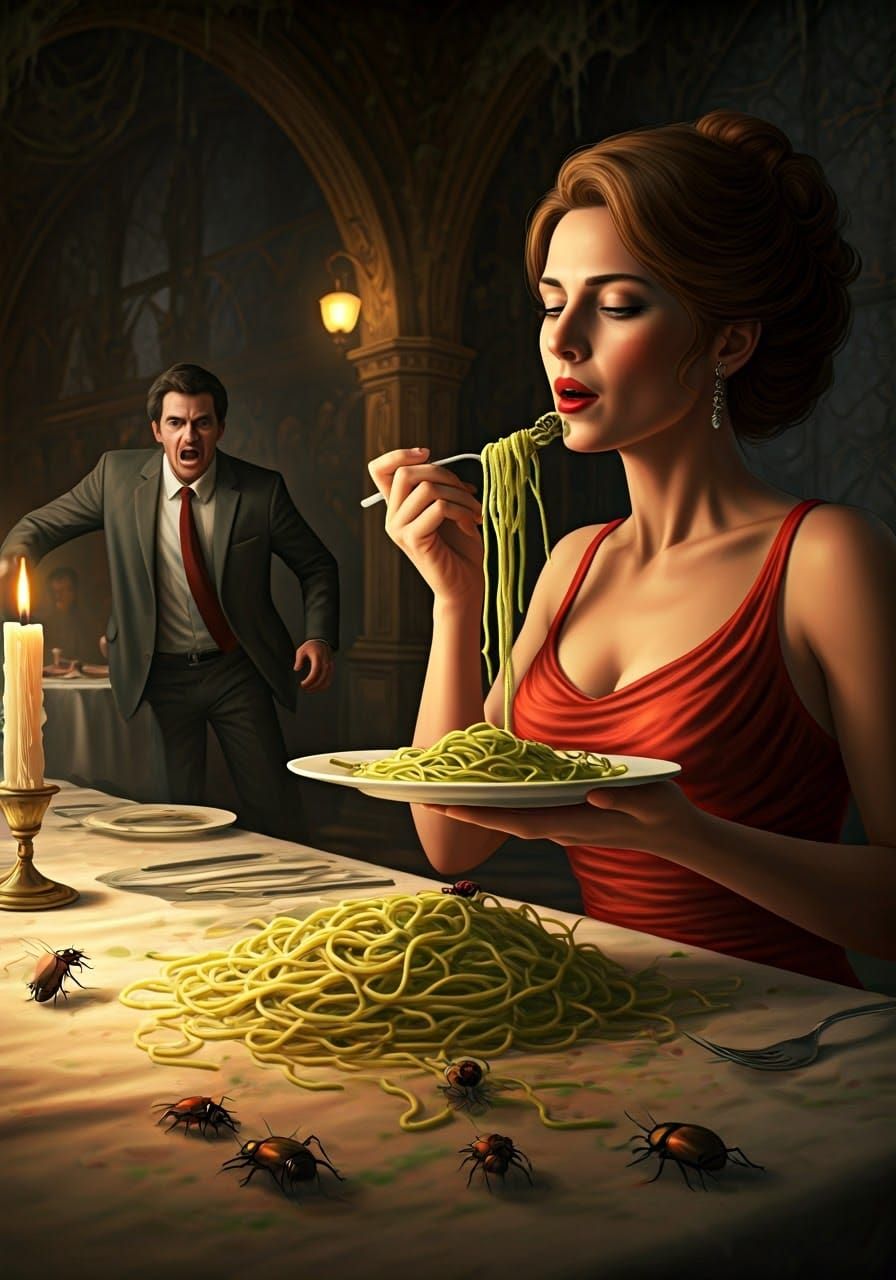 Man's Anguish: Decaying Spaghetti Dinner