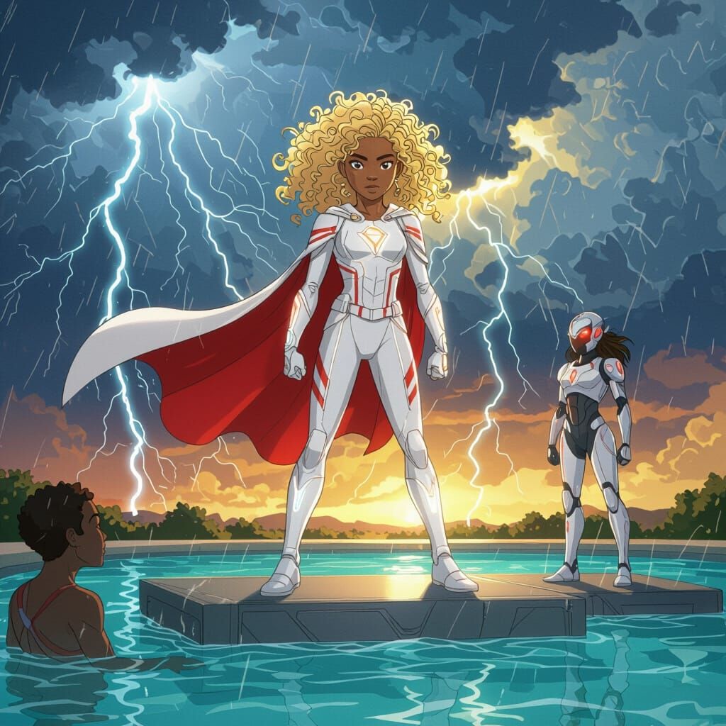 Marvel-Style Superhero Girl and Robot Companion in Storm