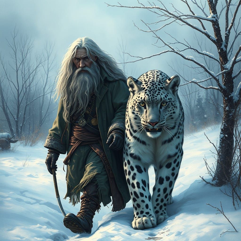 Silver Haired Druid and Snow Leopard in Mystical Winter Land...