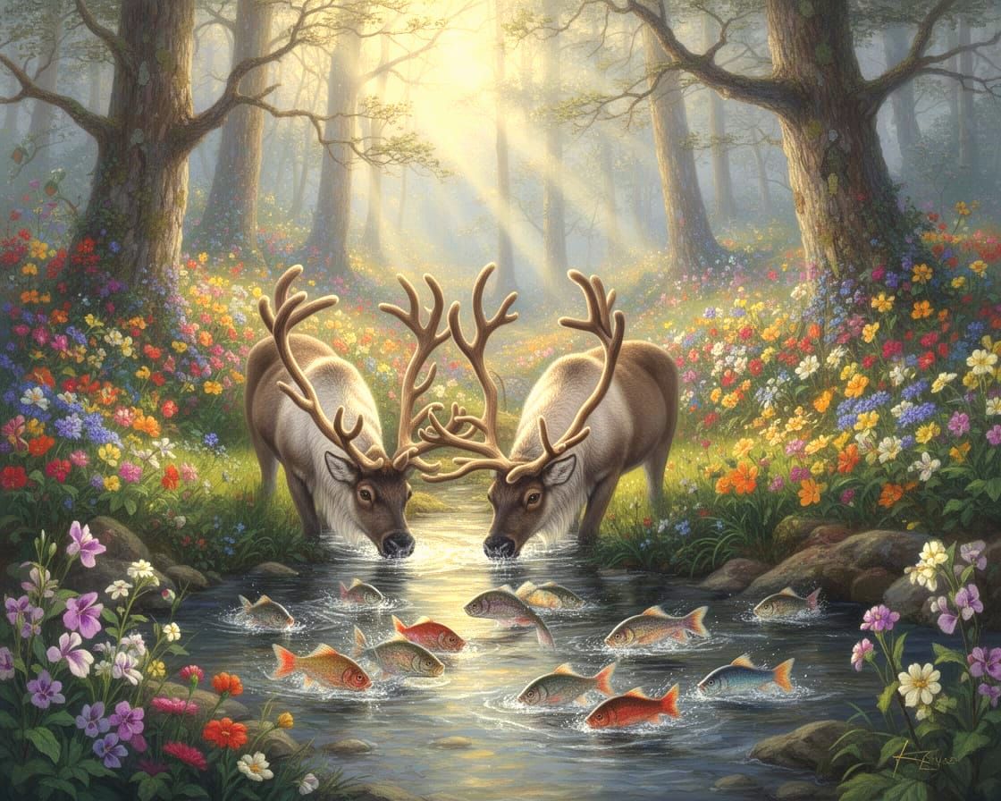 Majestic Reindeer Drinking from Flower-Filled Wood Creek