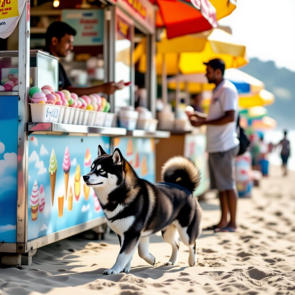 Happy Shiba Inu on Sunny Beach Near Ice Cream Stall